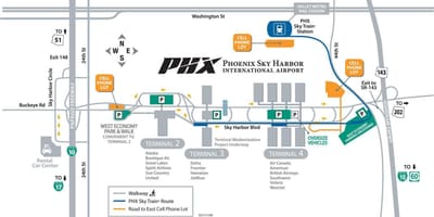 Sky harbor oro uosto automobilių stovėjimo žemėlapyje